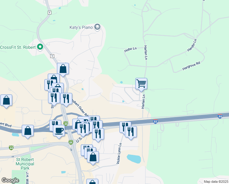 map of restaurants, bars, coffee shops, grocery stores, and more near 16198 Hershey Drive in Saint Robert