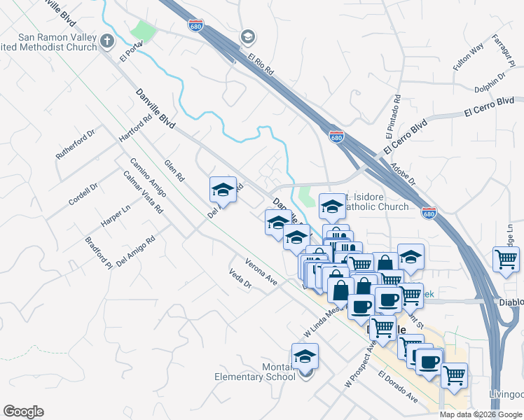 map of restaurants, bars, coffee shops, grocery stores, and more near 19 Danville Oak Place in Danville