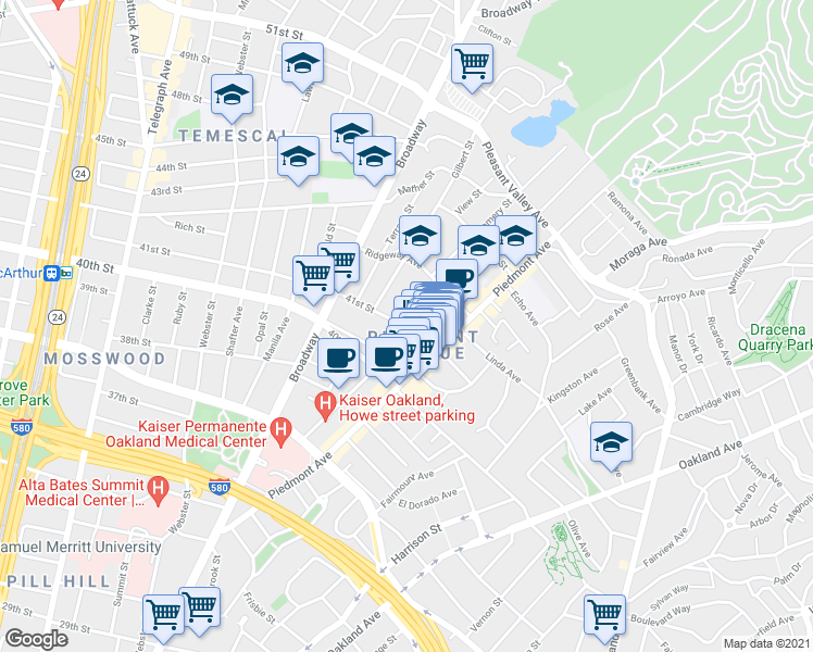 map of restaurants, bars, coffee shops, grocery stores, and more near in Oakland