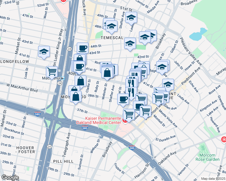map of restaurants, bars, coffee shops, grocery stores, and more near 3817 Shafter Avenue in Oakland