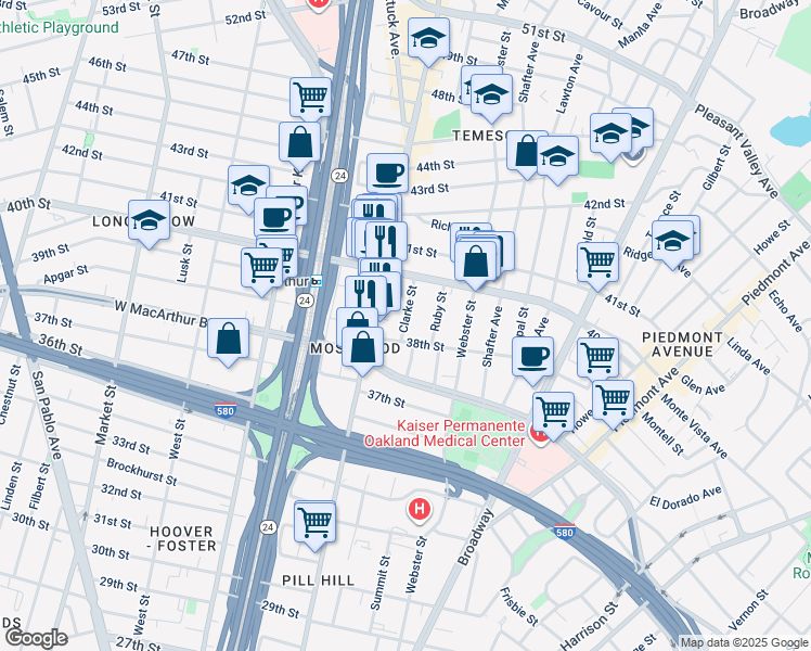 map of restaurants, bars, coffee shops, grocery stores, and more near 472 38th Street in Oakland