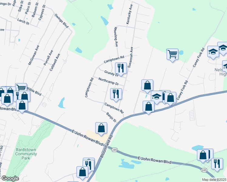 map of restaurants, bars, coffee shops, grocery stores, and more near 198 Aiden Court in Bardstown