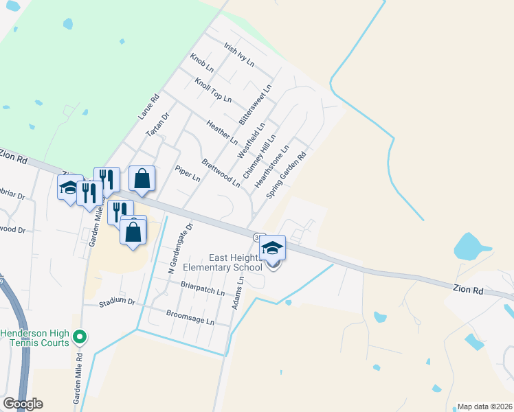 map of restaurants, bars, coffee shops, grocery stores, and more near 319 Spring Garden Road in Henderson