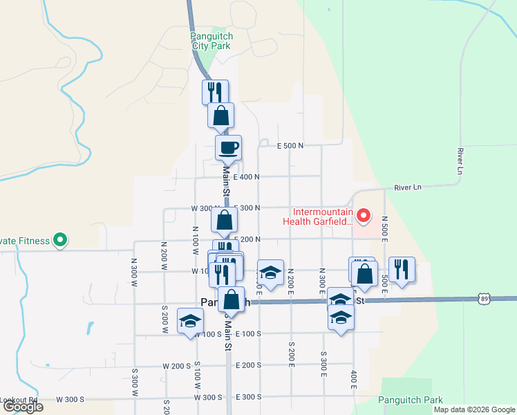 map of restaurants, bars, coffee shops, grocery stores, and more near 301 North 100 East in Panguitch