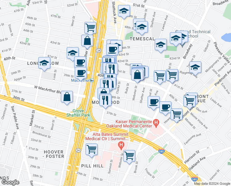 map of restaurants, bars, coffee shops, grocery stores, and more near 3813 Clarke Street in Oakland