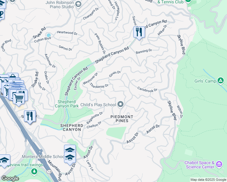 map of restaurants, bars, coffee shops, grocery stores, and more near 2 Chelsea Court in Oakland