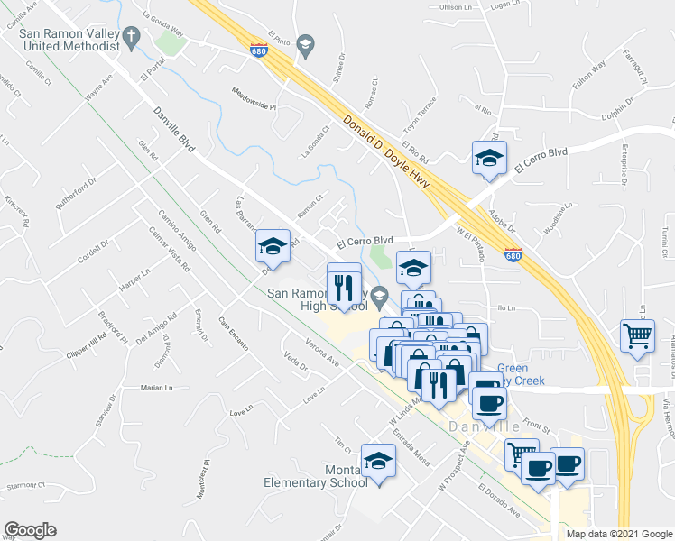 map of restaurants, bars, coffee shops, grocery stores, and more near 0 Danville Oak Place in Danville