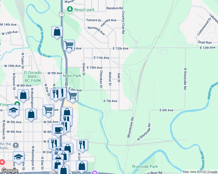 map of restaurants, bars, coffee shops, grocery stores, and more near 501-599 East 8th Avenue in El Dorado