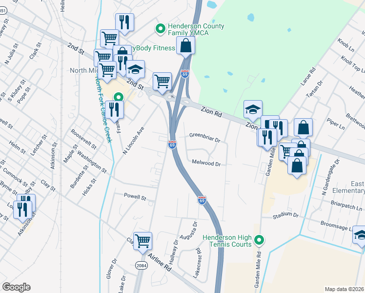 map of restaurants, bars, coffee shops, grocery stores, and more near 2227-2263 Melwood Drive in Henderson