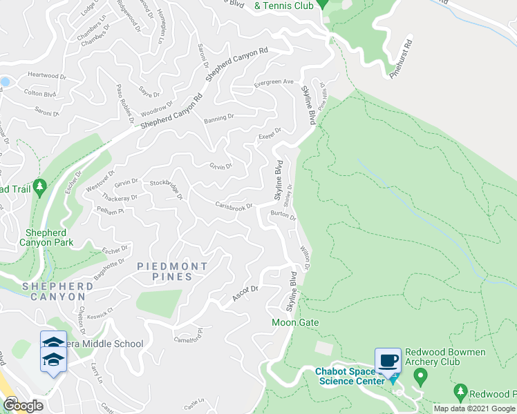 map of restaurants, bars, coffee shops, grocery stores, and more near 9001 Skyline Boulevard in Oakland