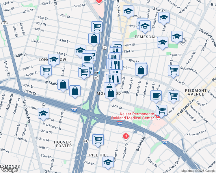map of restaurants, bars, coffee shops, grocery stores, and more near in Oakland