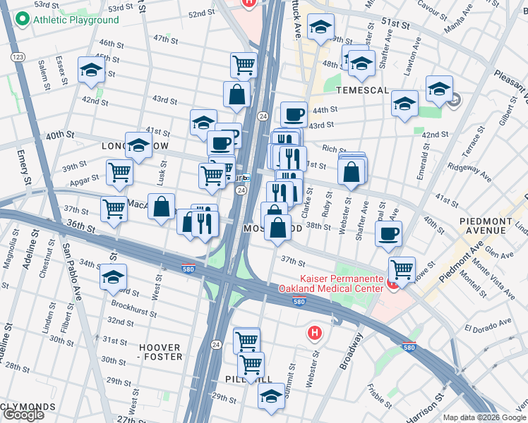 map of restaurants, bars, coffee shops, grocery stores, and more near 544 West MacArthur Boulevard in Oakland