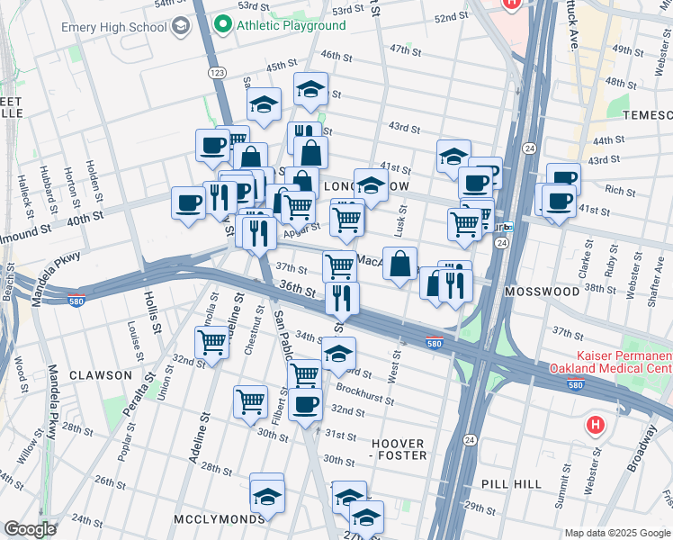 map of restaurants, bars, coffee shops, grocery stores, and more near 911 37th Street in Oakland