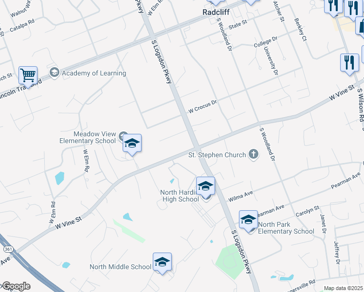 map of restaurants, bars, coffee shops, grocery stores, and more near 1000 West Vine Street in Vine Grove