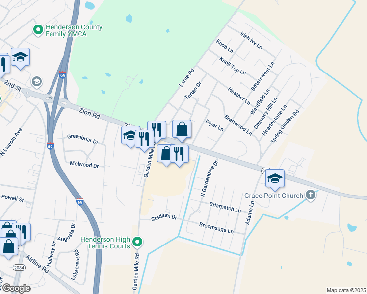 map of restaurants, bars, coffee shops, grocery stores, and more near 2614 Zion Road in Henderson
