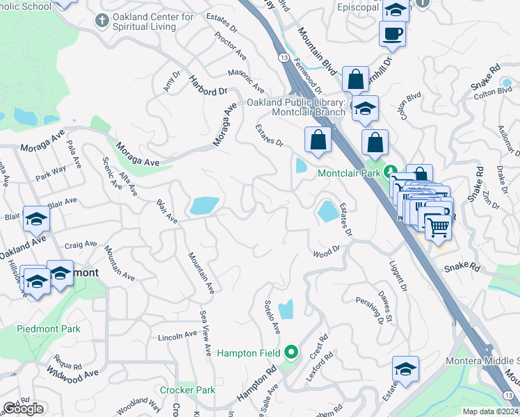 map of restaurants, bars, coffee shops, grocery stores, and more near 5901 Wood Drive in Oakland