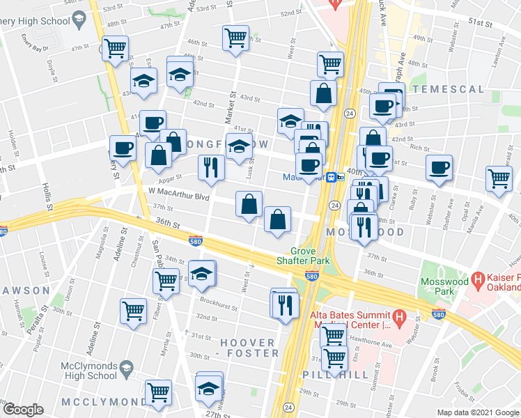 map of restaurants, bars, coffee shops, grocery stores, and more near W MacArthur Blvd & West St in Oakland