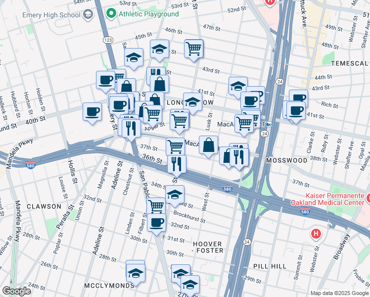 map of restaurants, bars, coffee shops, grocery stores, and more near 3716 Market Street in Oakland