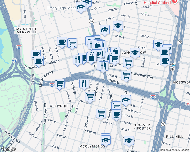 map of restaurants, bars, coffee shops, grocery stores, and more near 1168 36th Street in Emeryville