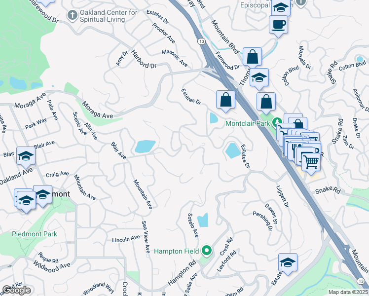map of restaurants, bars, coffee shops, grocery stores, and more near 5901 Wood Drive in Oakland