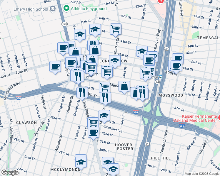map of restaurants, bars, coffee shops, grocery stores, and more near 3716 Market Street in Oakland