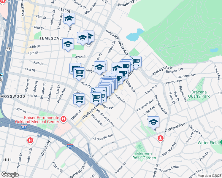 map of restaurants, bars, coffee shops, grocery stores, and more near 4176 Piedmont Avenue in Oakland