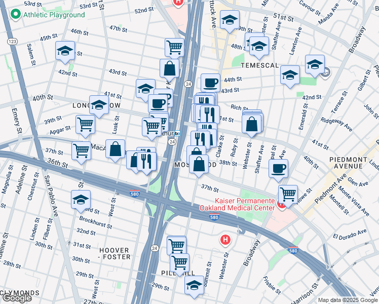 map of restaurants, bars, coffee shops, grocery stores, and more near 544 West MacArthur Boulevard in Oakland