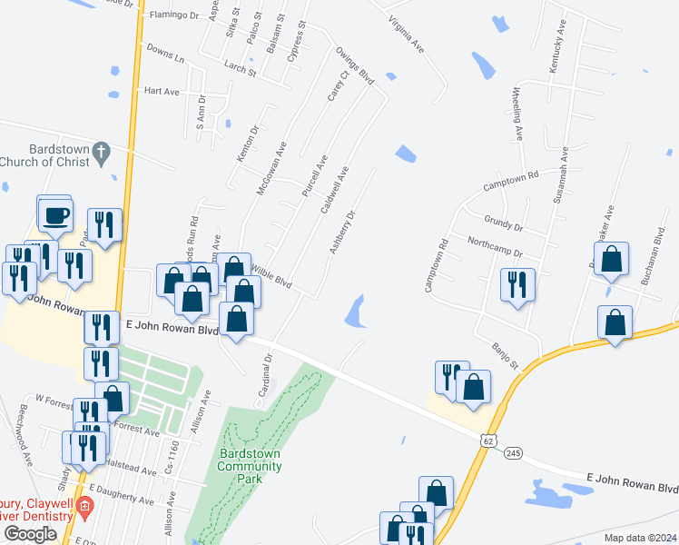 map of restaurants, bars, coffee shops, grocery stores, and more near 107 Ashberry Drive in Bardstown