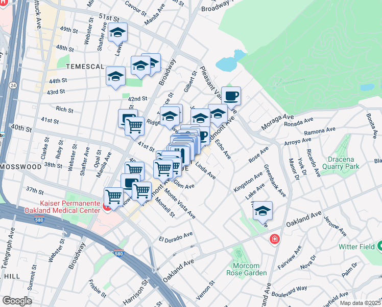 map of restaurants, bars, coffee shops, grocery stores, and more near 4176 Piedmont Avenue in Oakland