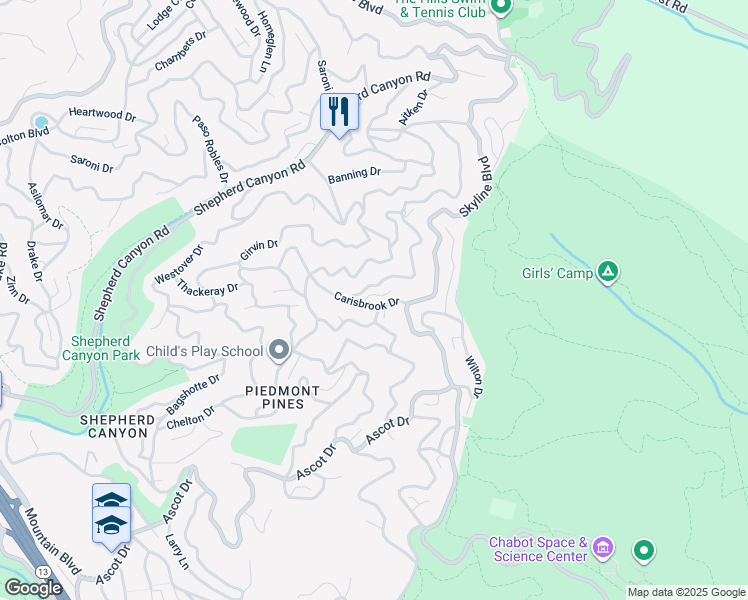 map of restaurants, bars, coffee shops, grocery stores, and more near 2743 Carisbrook Drive in Oakland