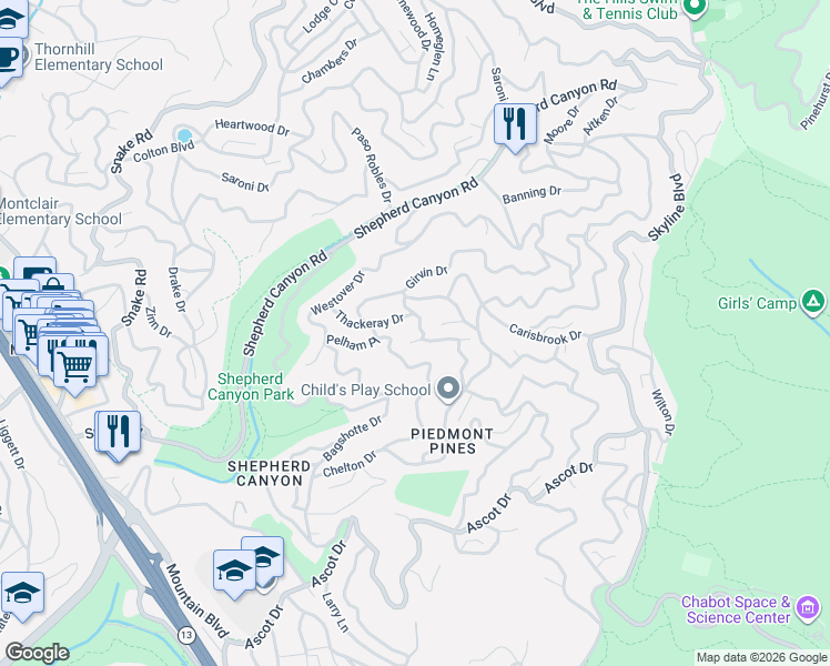 map of restaurants, bars, coffee shops, grocery stores, and more near 21 Chelsea Court in Oakland