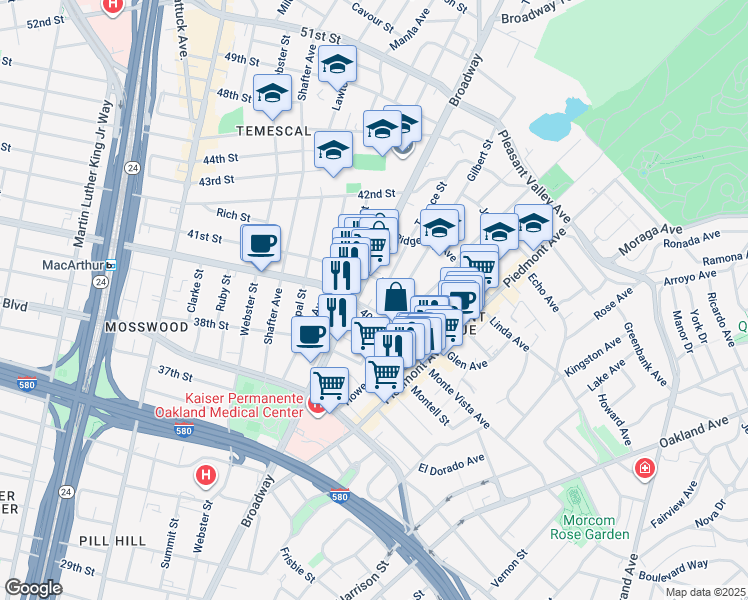 map of restaurants, bars, coffee shops, grocery stores, and more near in Oakland