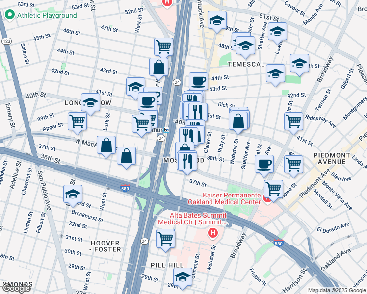 map of restaurants, bars, coffee shops, grocery stores, and more near in Oakland