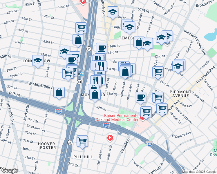 map of restaurants, bars, coffee shops, grocery stores, and more near 472 38th Street in Oakland
