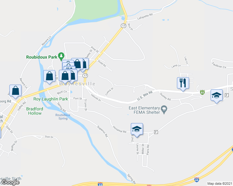 map of restaurants, bars, coffee shops, grocery stores, and more near 1201 U.S. Route 66 in Waynesville