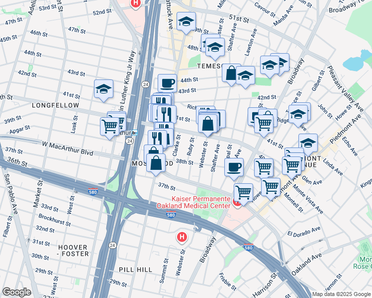map of restaurants, bars, coffee shops, grocery stores, and more near 3875 Ruby Street in Oakland