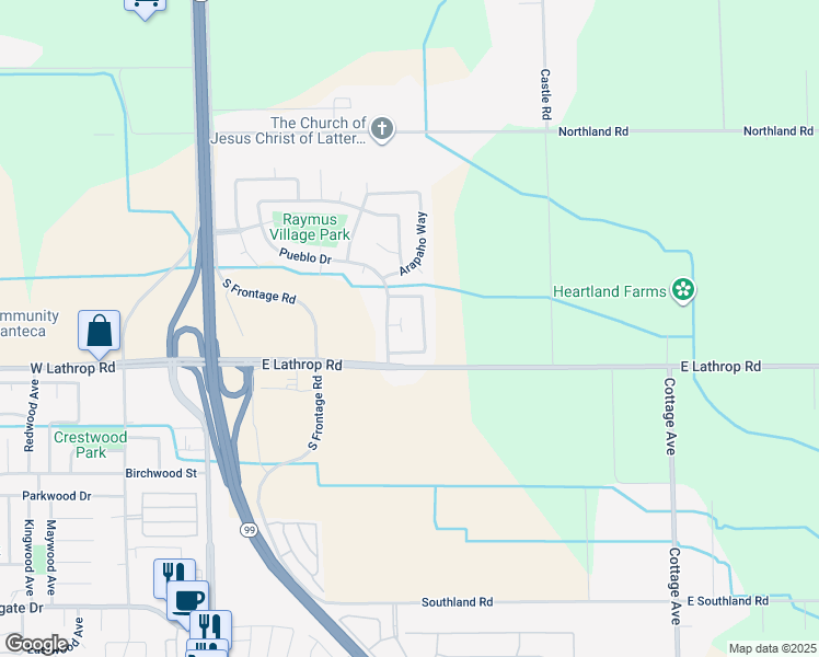 map of restaurants, bars, coffee shops, grocery stores, and more near 6236 Choctaw Court in Manteca