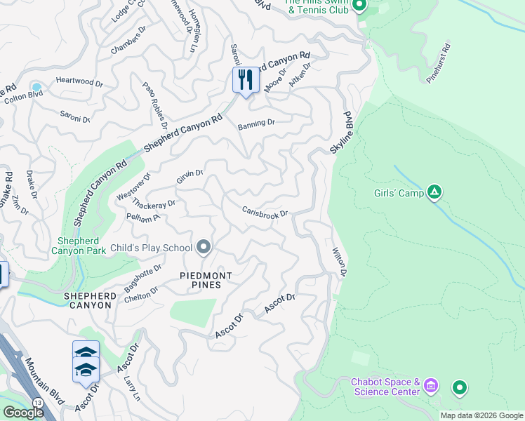map of restaurants, bars, coffee shops, grocery stores, and more near 2690 Carisbrook Drive in Oakland