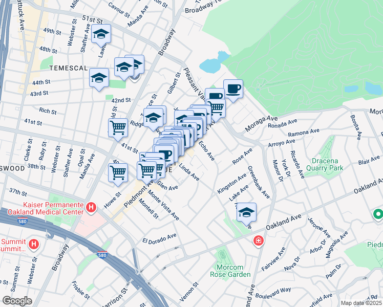 map of restaurants, bars, coffee shops, grocery stores, and more near 4206 Arroyuelo Avenue in Oakland