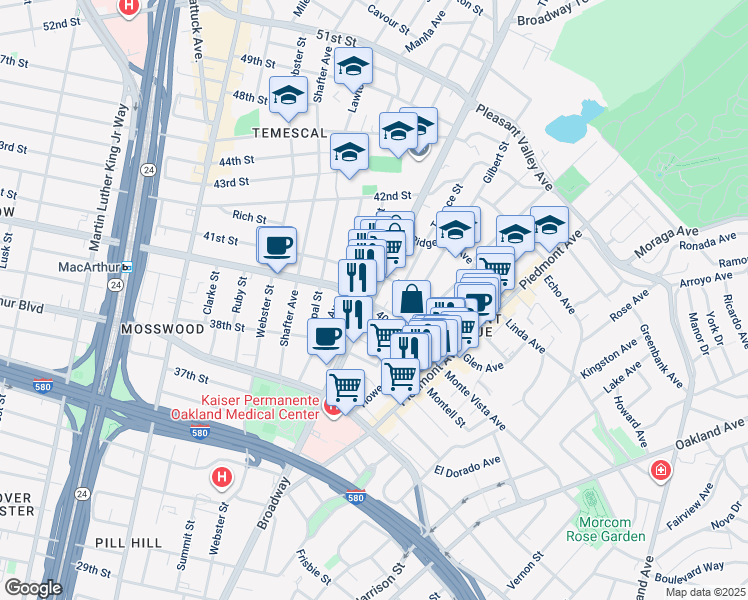 map of restaurants, bars, coffee shops, grocery stores, and more near in Oakland