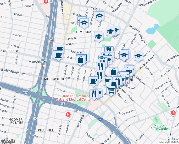 map of restaurants, bars, coffee shops, grocery stores, and more near 3834 Opal Street in Oakland