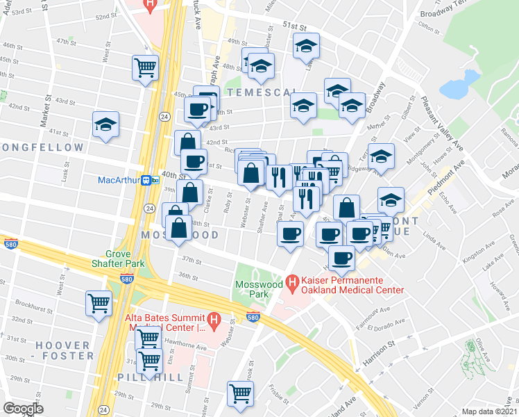 map of restaurants, bars, coffee shops, grocery stores, and more near 3817 Shafter Avenue in Oakland