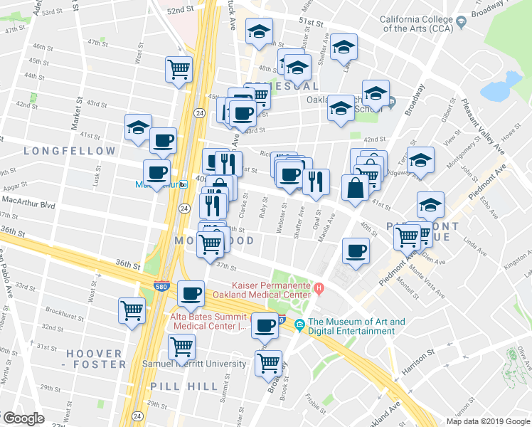 map of restaurants, bars, coffee shops, grocery stores, and more near 438 38th Street in Oakland