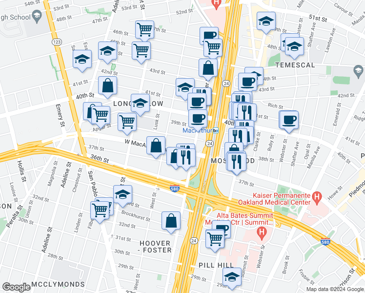map of restaurants, bars, coffee shops, grocery stores, and more near 657 West MacArthur Boulevard in Oakland