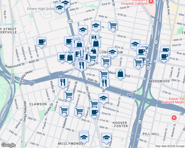 map of restaurants, bars, coffee shops, grocery stores, and more near 996 36th Street in Oakland