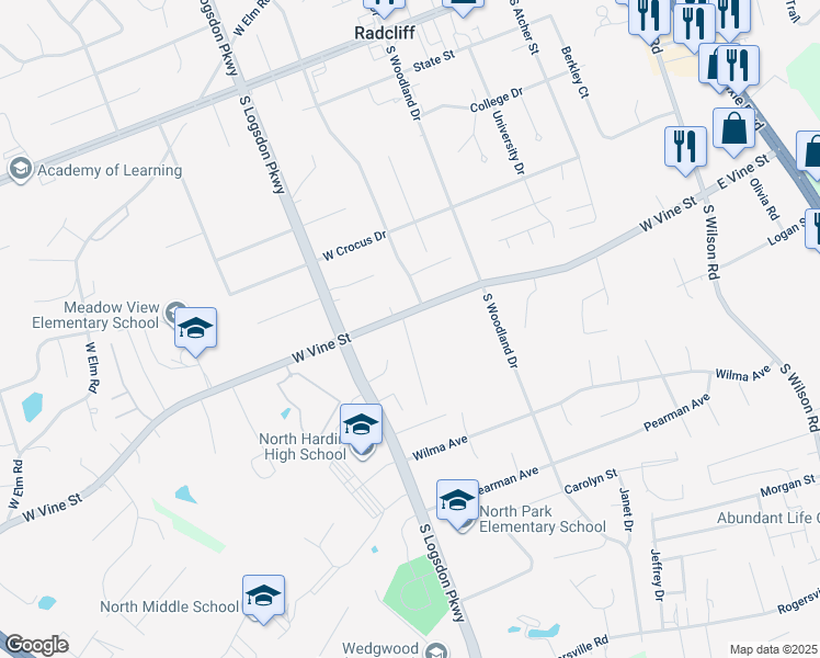 map of restaurants, bars, coffee shops, grocery stores, and more near 761 Carol Lane in Radcliff