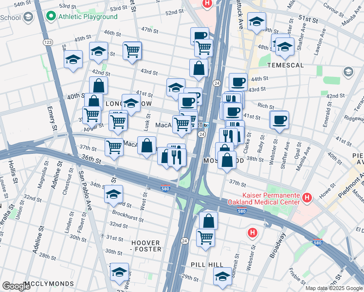 map of restaurants, bars, coffee shops, grocery stores, and more near 657 West MacArthur Boulevard in Oakland