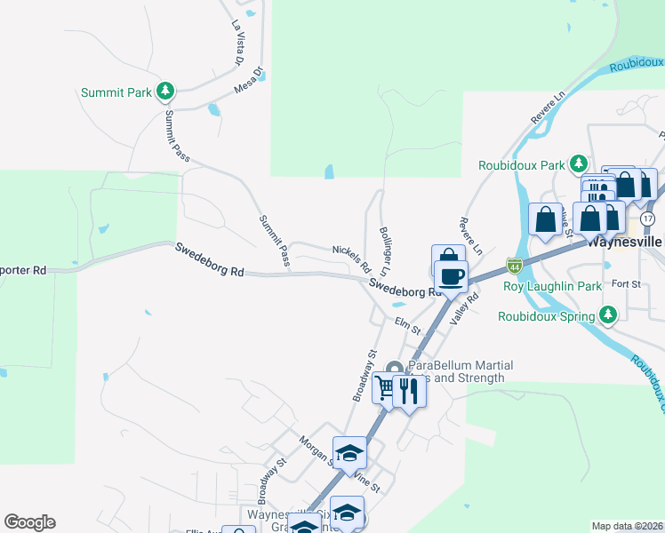 map of restaurants, bars, coffee shops, grocery stores, and more near 505 Swedeborg Road in Waynesville