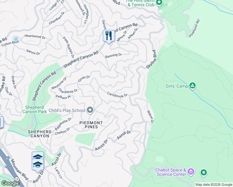 map of restaurants, bars, coffee shops, grocery stores, and more near 2690 Carisbrook Drive in Oakland