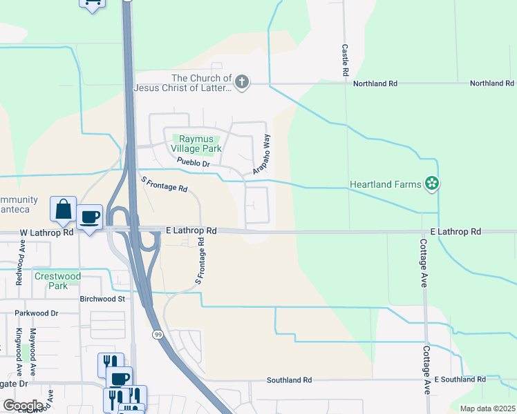 map of restaurants, bars, coffee shops, grocery stores, and more near 6236 Choctaw Court in Manteca